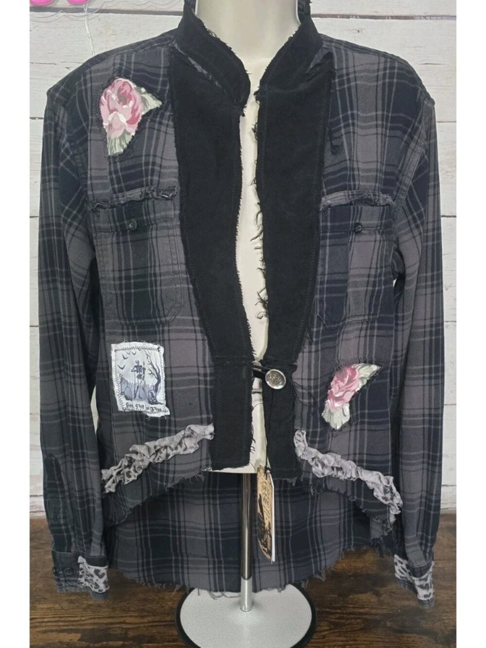 OOAK Upcycled Flannel Shirt Shacket Romantic Goth Skull Graphic Love Boyfriend M
